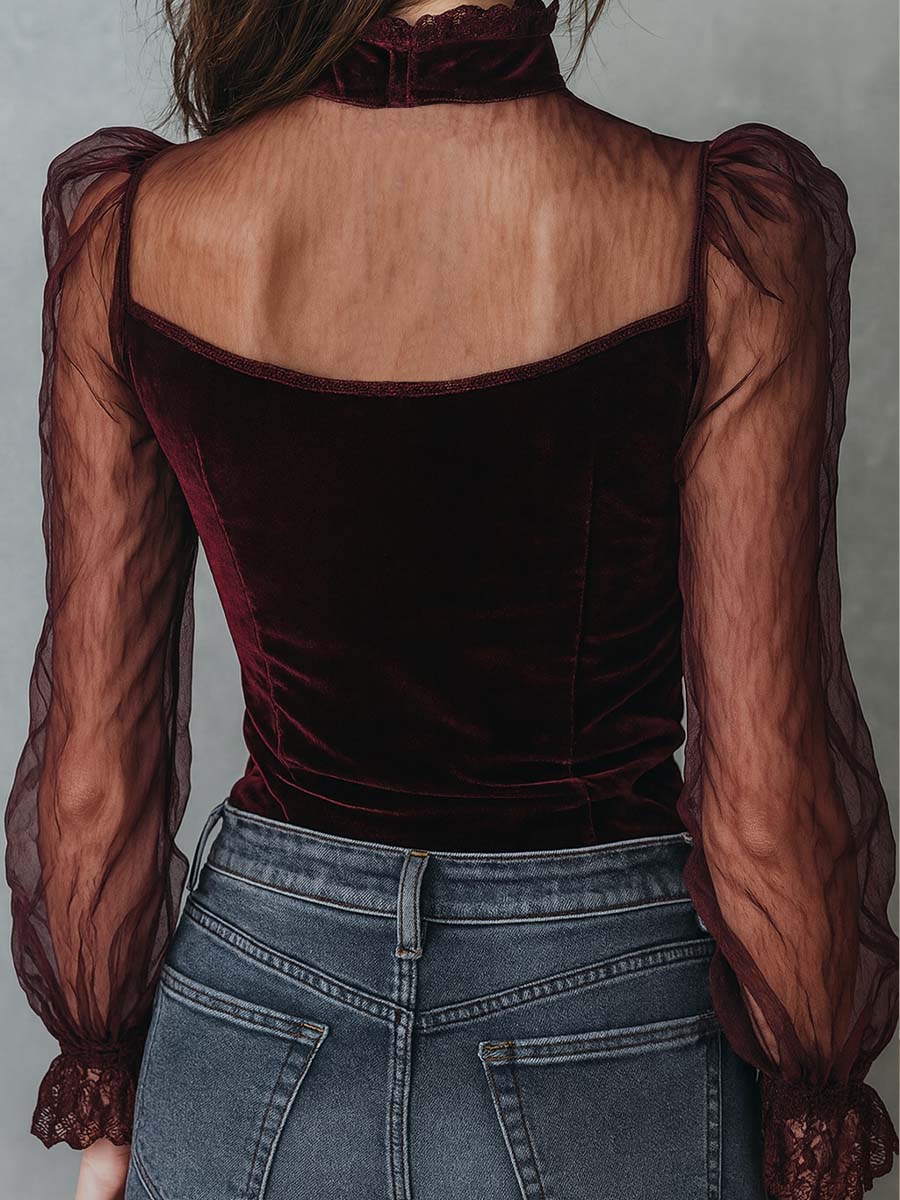 Retro Sheer Sleeves Polyester Velvet Blouse