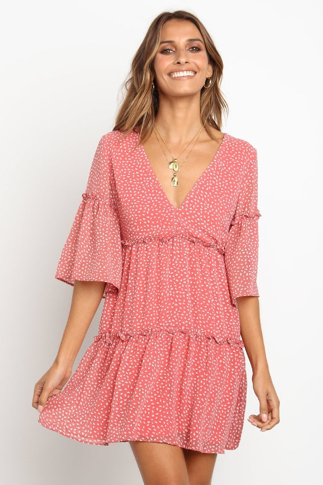 V-Neck Polka Dot Boho Mini Dress