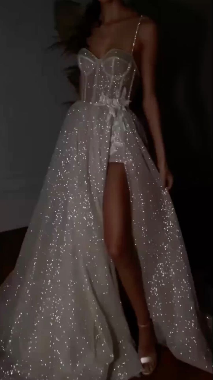 A Line Spaghetti Straps Sparkly Bohemian Wedding Dress