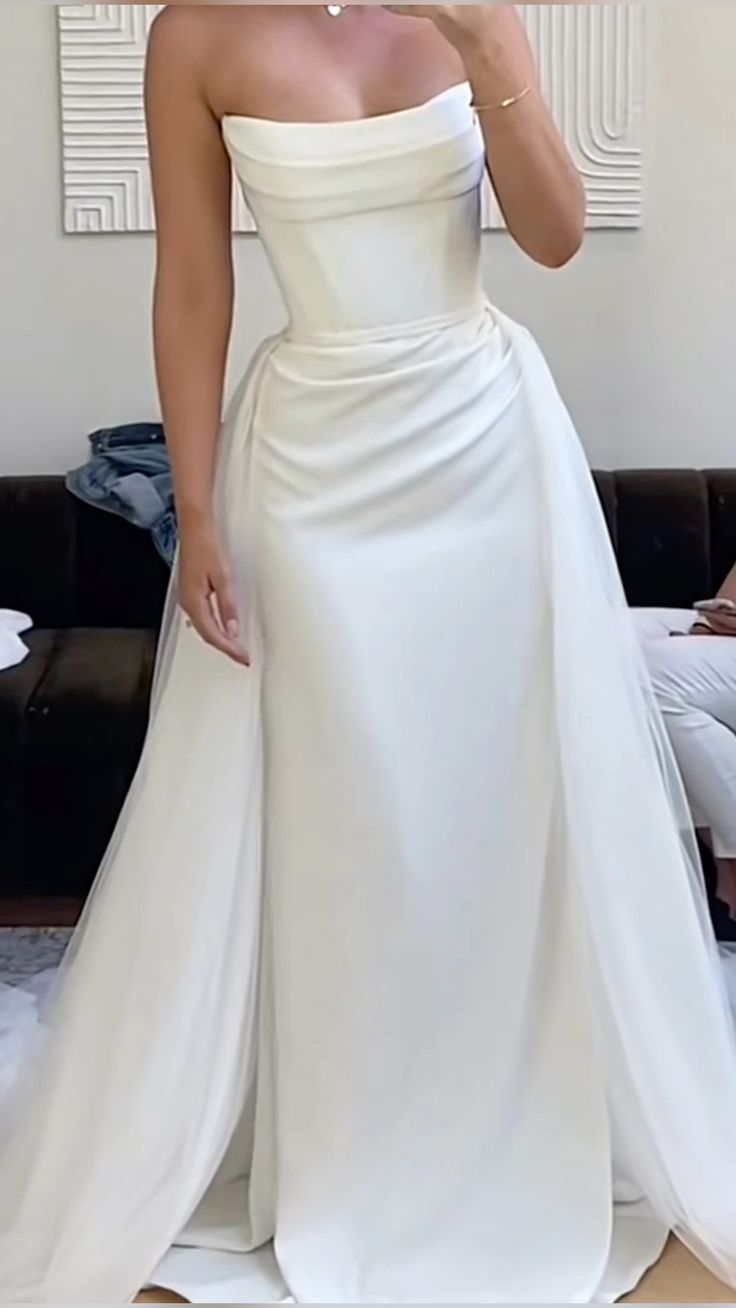 White Strapless Long Wedding Dress Princess Bridal Gown