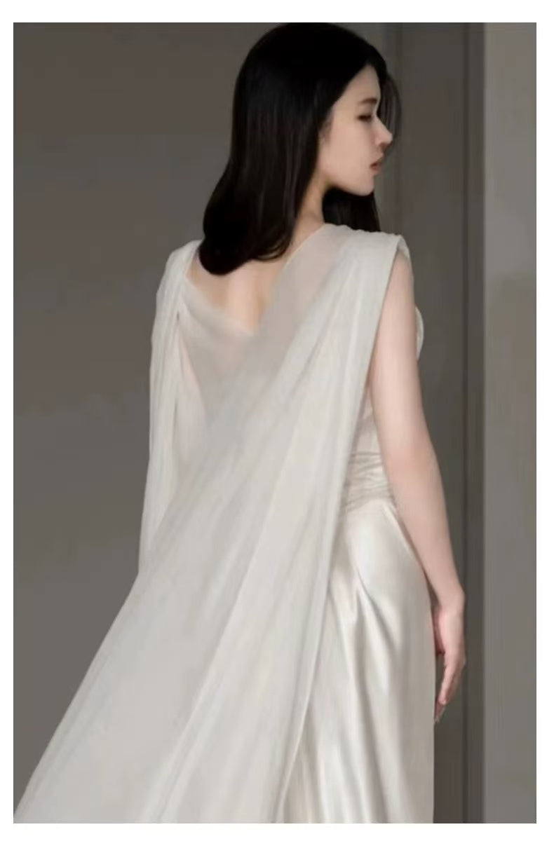 White Satin Pleats Straps Wedding Dress