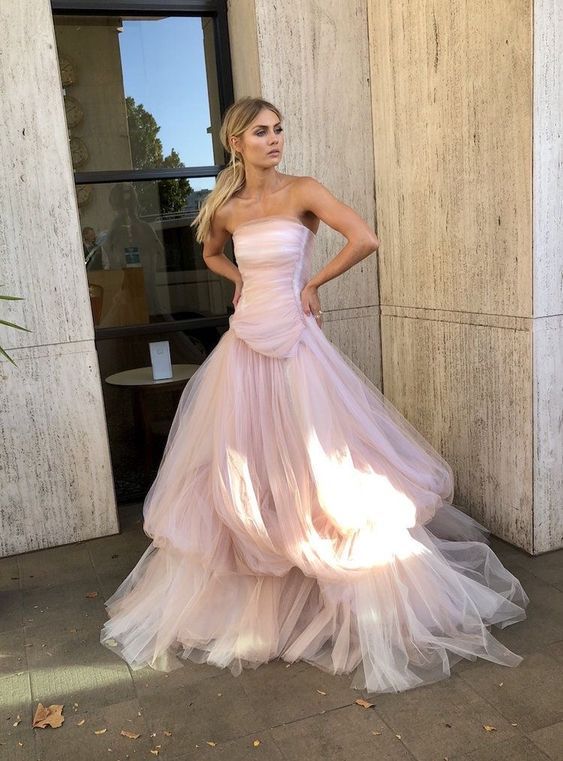 Light pink tulle long prom dress, pink tulle formal dress - Fashionpara
