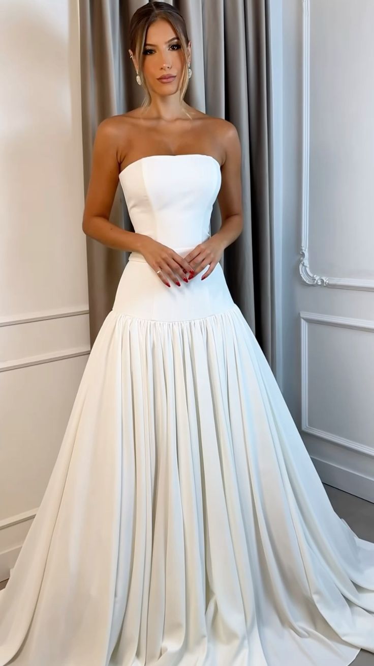 A Line White Strapless Satin Elegant Wedding Dresses Princess Bridal Gown