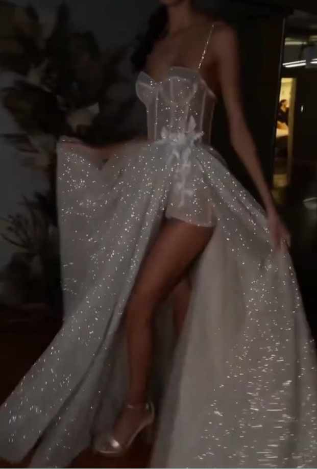 A Line Spaghetti Straps Sparkly Bohemian Wedding Dress