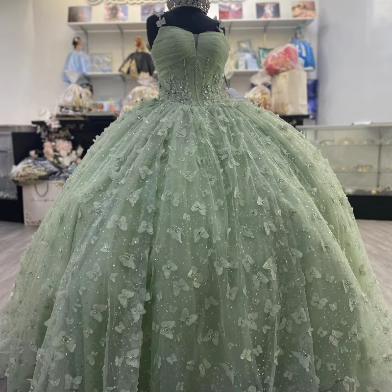 3D Butterfly Quinceanera Dresses Sage Green Ball Gowns with Crystal Corset - Fashionpara