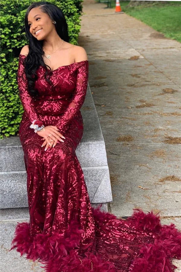 Burgundy prom dresses sparkly long sleeve off the shoulder feather mermaid prom gown - Fashionpara