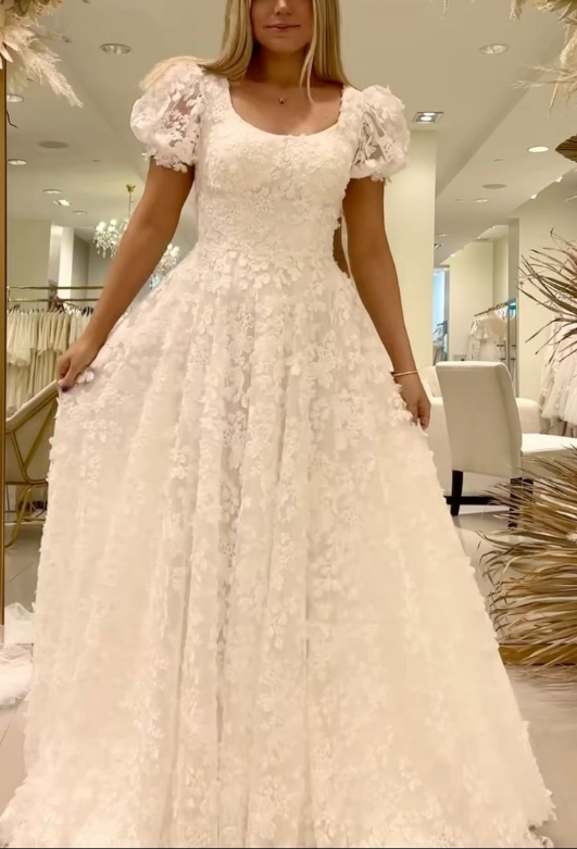 A Line Long Lace Prom Dress Wedding Dress Unique Bridal Gown