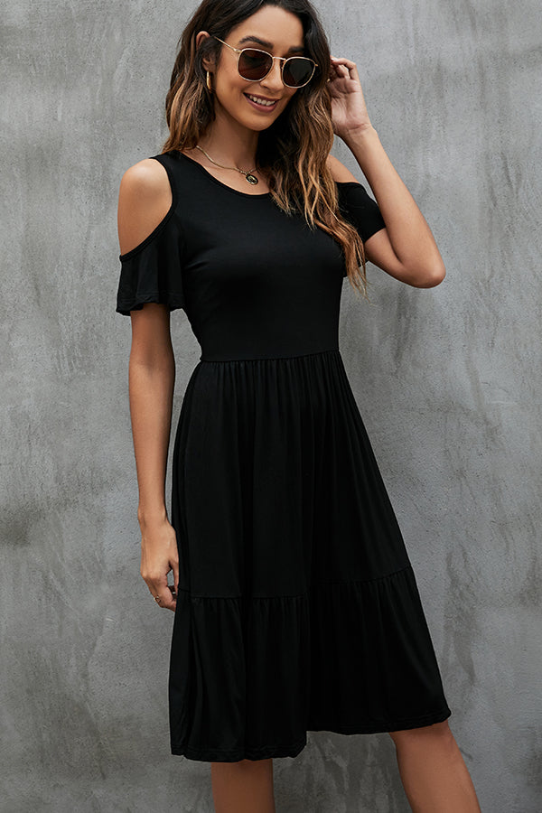 Cold Shoulder Flutter Sleeve Tiered A-Line Midi Dress 4