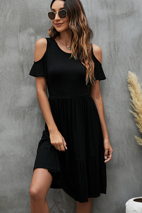 Cold Shoulder Short Sleeve Tiered A-Line Midi Dress