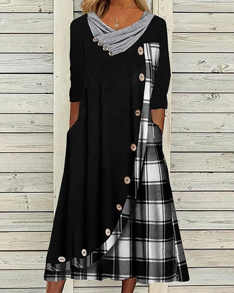 Asymmetric Plaid Panel Cowl Neck Button Front Pocket Midi Dress - View 3