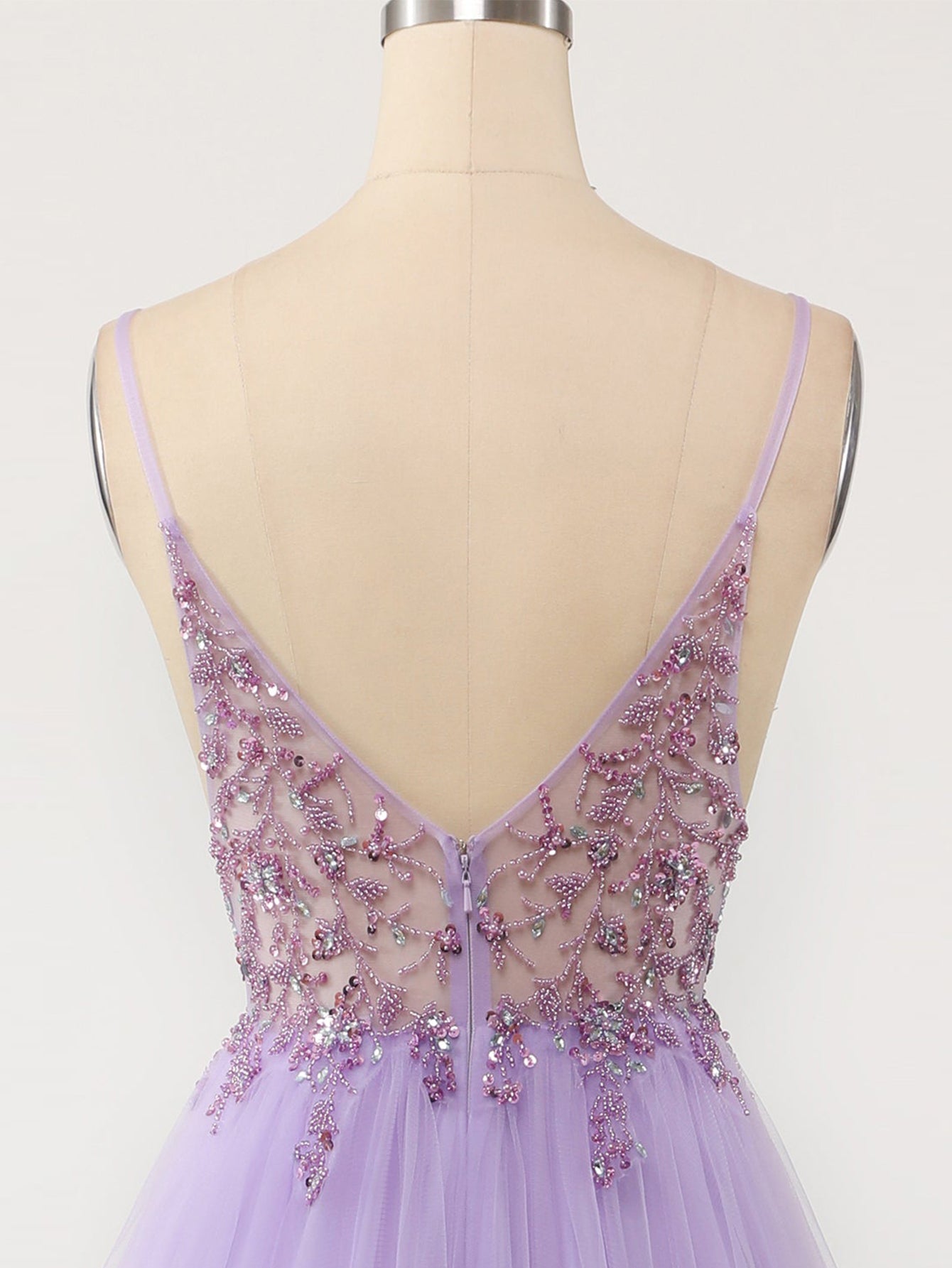 A Line Grey Glitter Tulle Long Prom Dress - Fashionpara