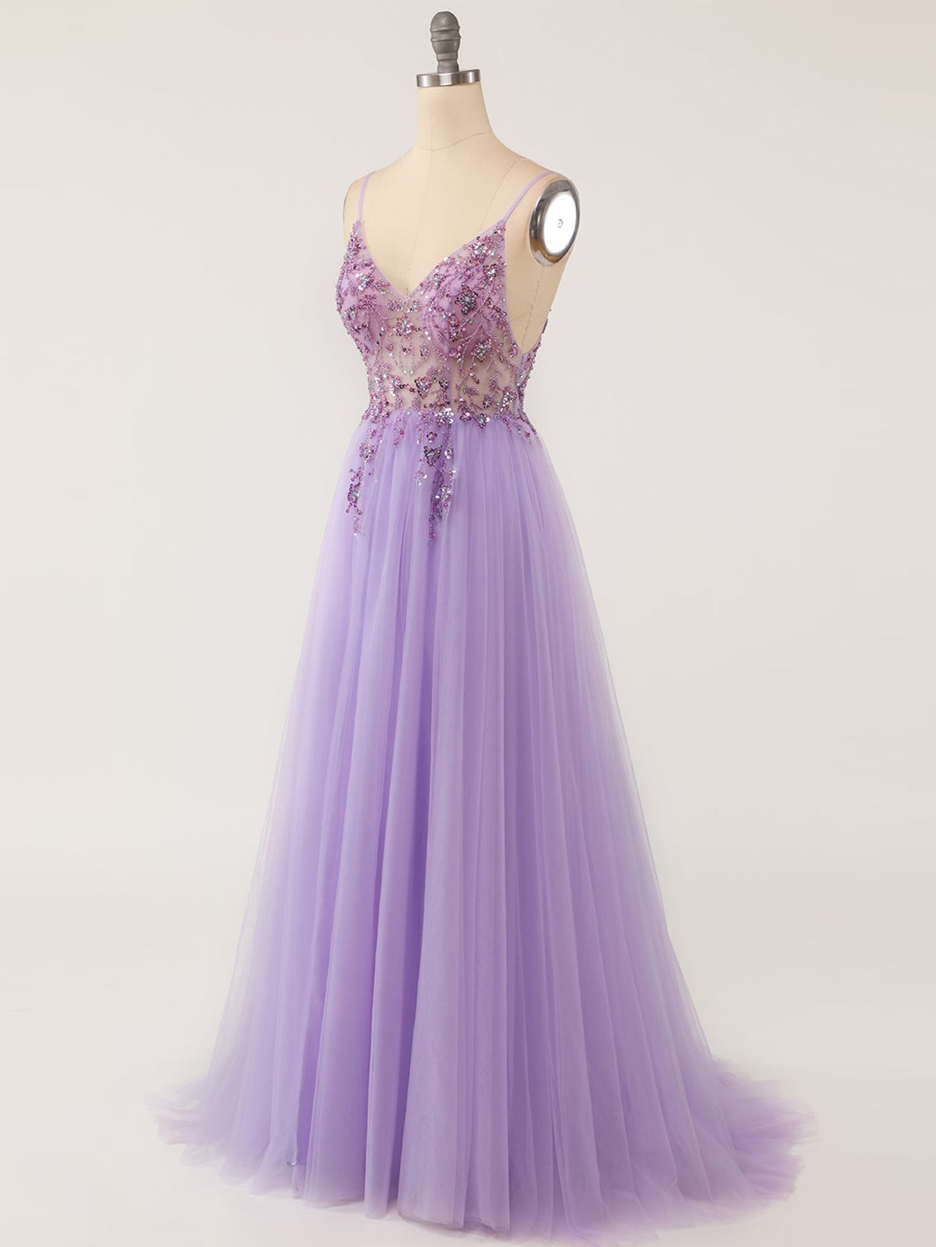 A Line Grey Glitter Tulle Long Prom Dress - Fashionpara
