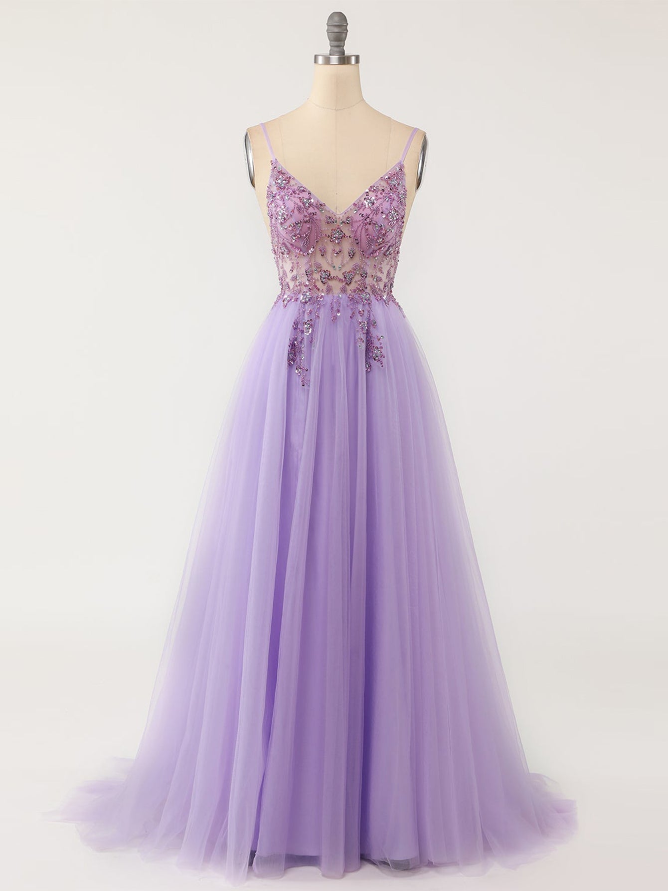 A Line Grey Blue Glitter Tulle Long Prom Dress - Fashionpara