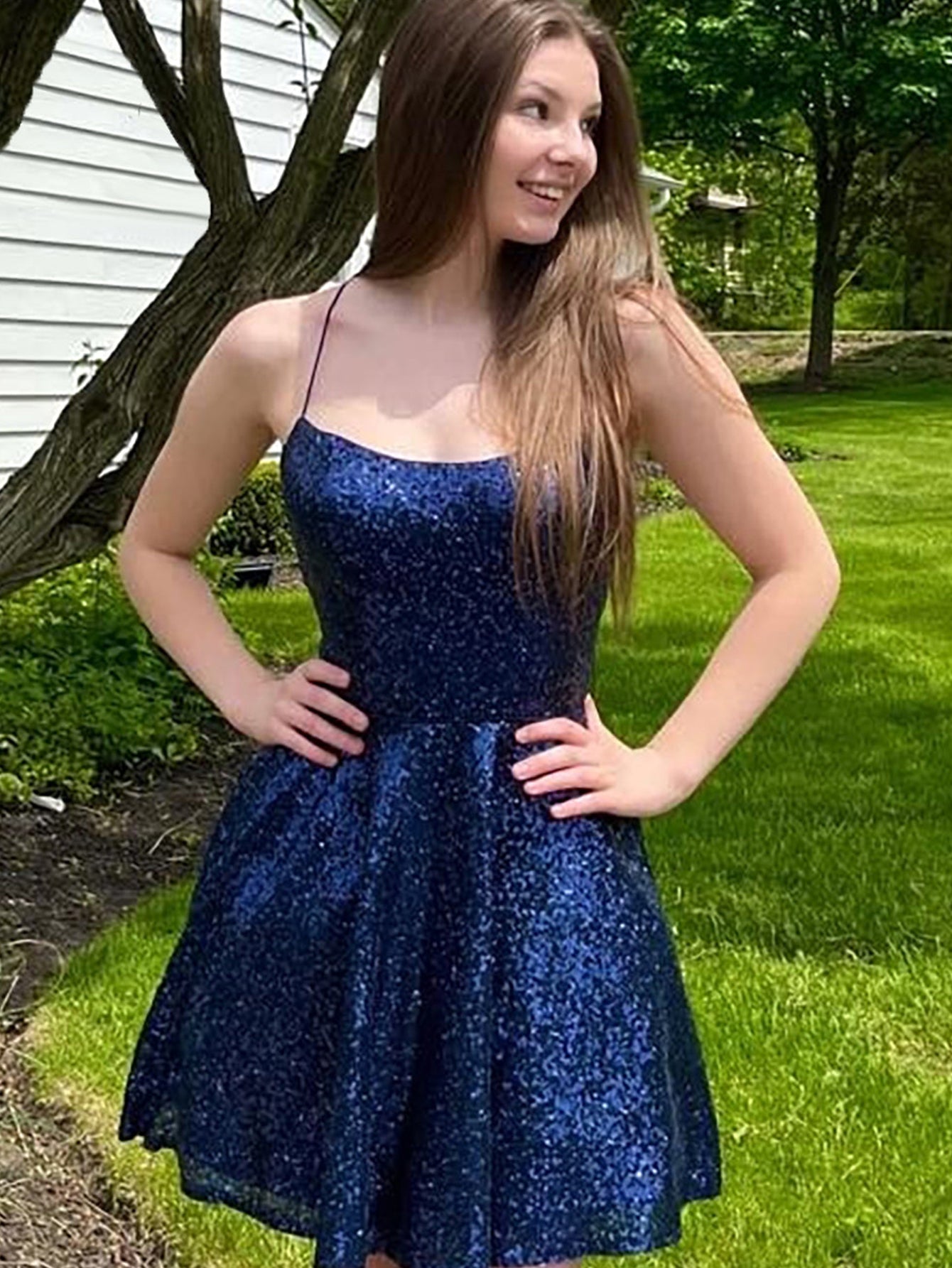 Sequins A Line Halter Blue Short Homecoming Dress - Fashionpara