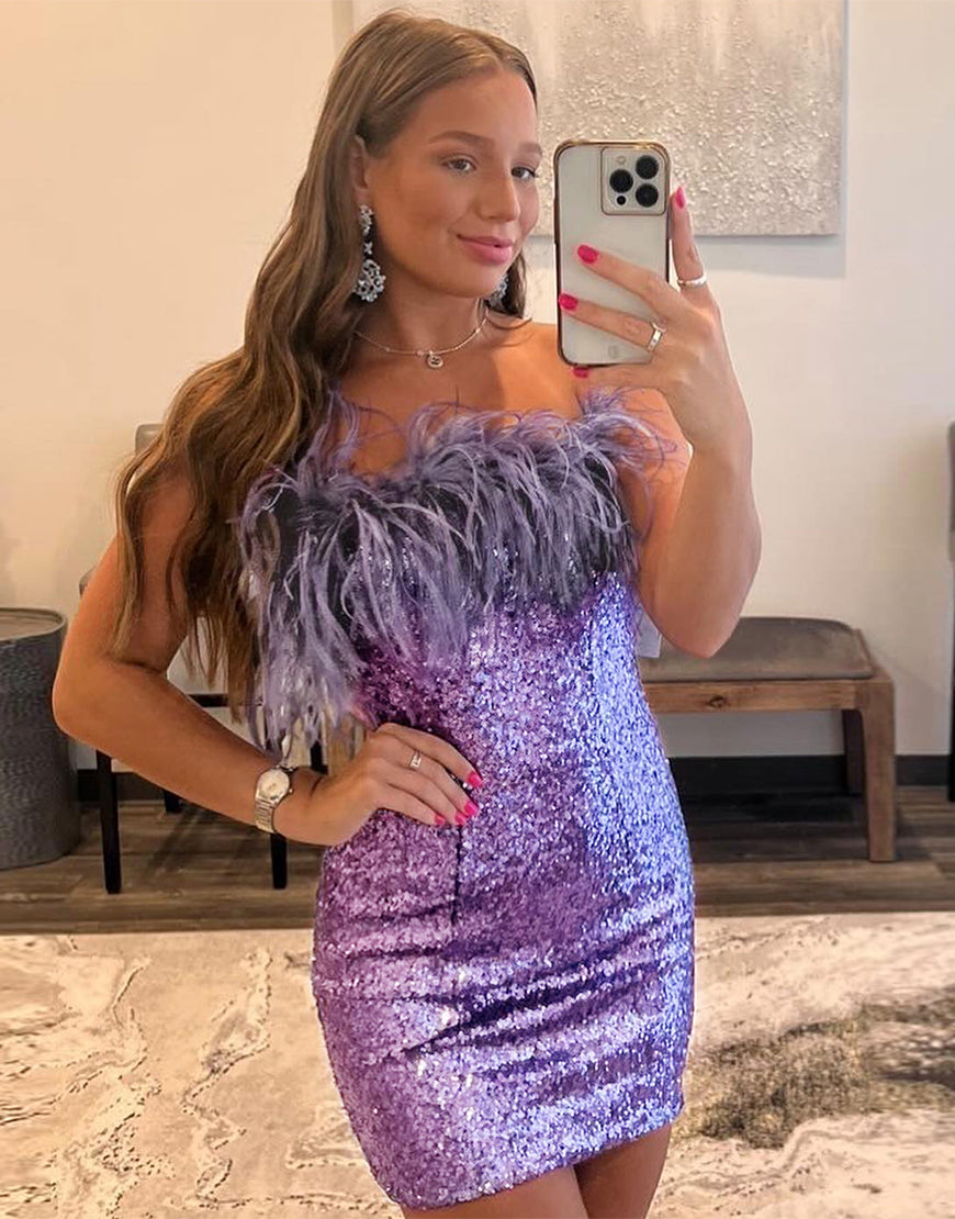 Glitter Off-the-Shoulder Sequins Homecoming Dress With Feather - Fashionpara