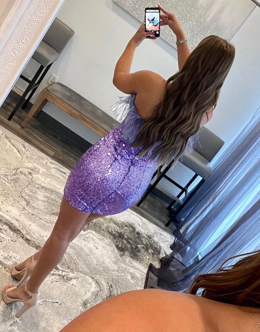 Glitter Off-the-Shoulder Sequins Homecoming Dress With Feather - Fashionpara