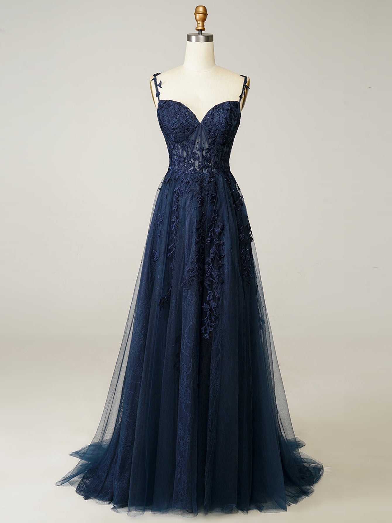 A Line Lilac Straps Lace Long Prom Dress