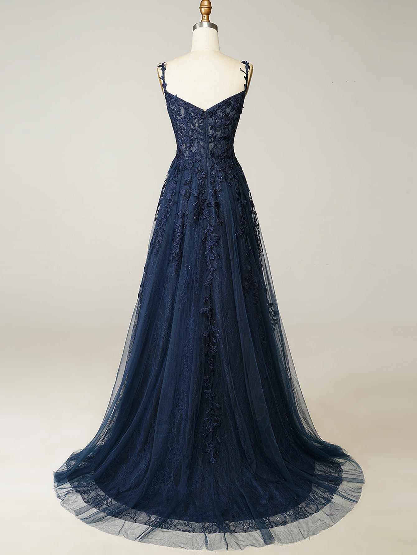 A Line Navy Straps Lace Long Prom Dress - Fashionpara
