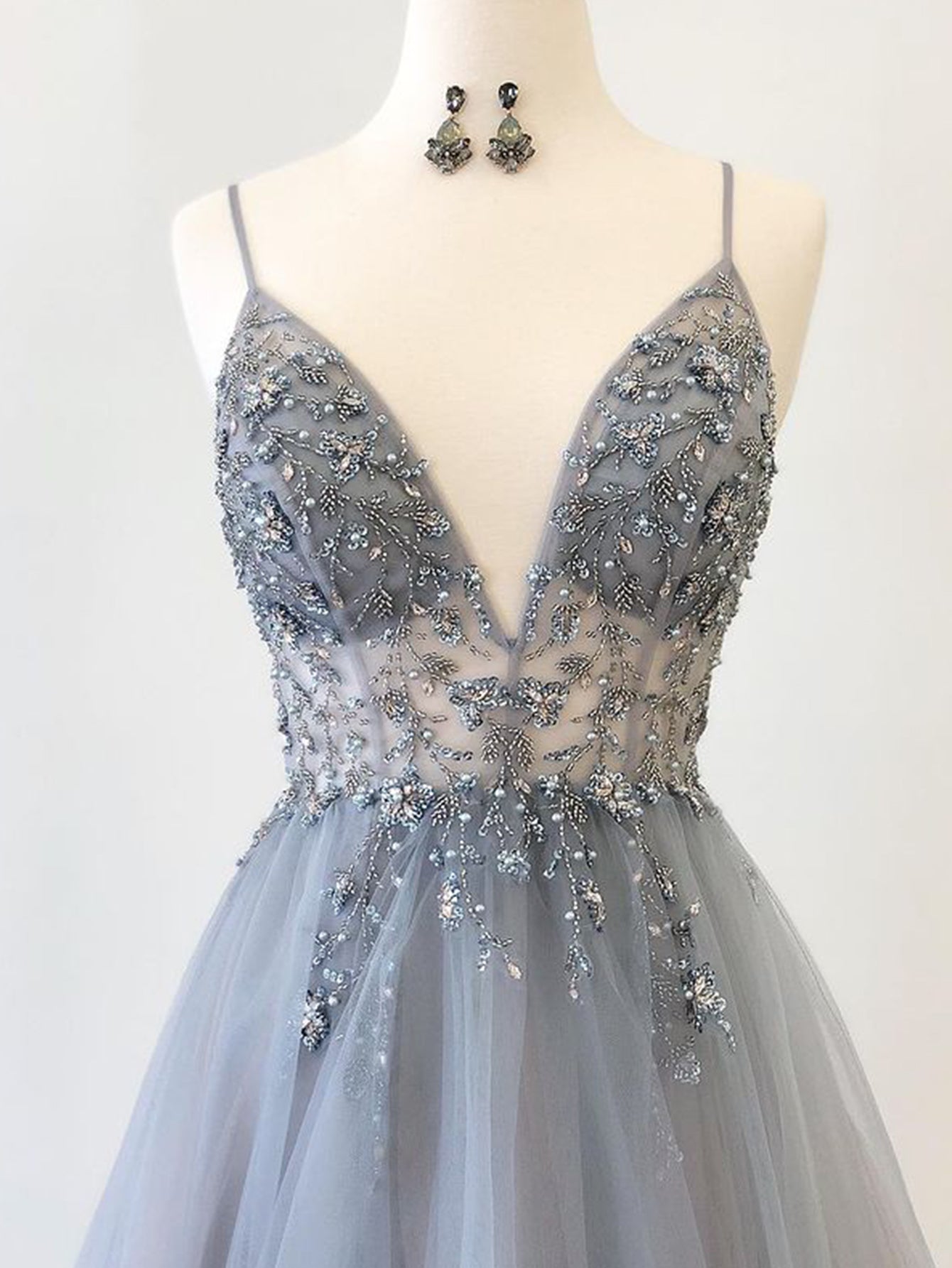 A Line Grey Glitter Tulle Long Prom Dress - Fashionpara