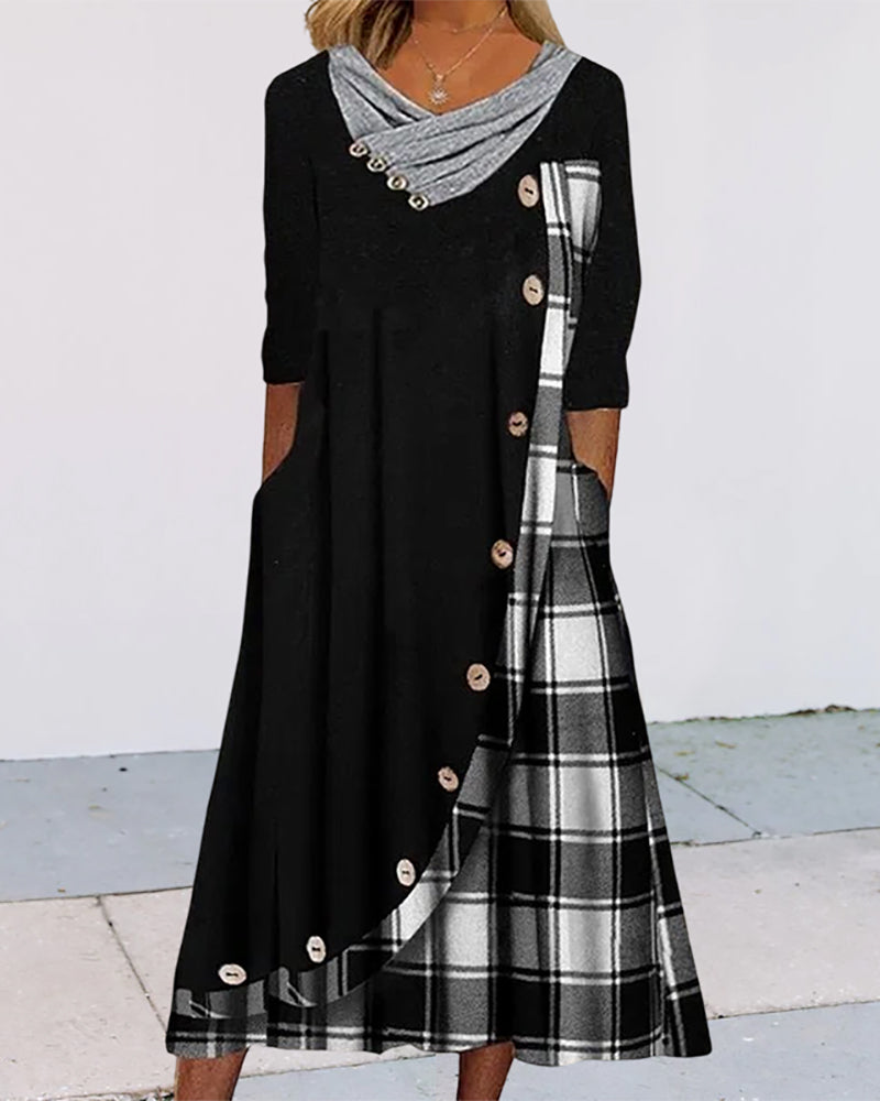 Asymmetric Plaid Panel Cowl Neck Button Front Pocket Midi Dress - View 4