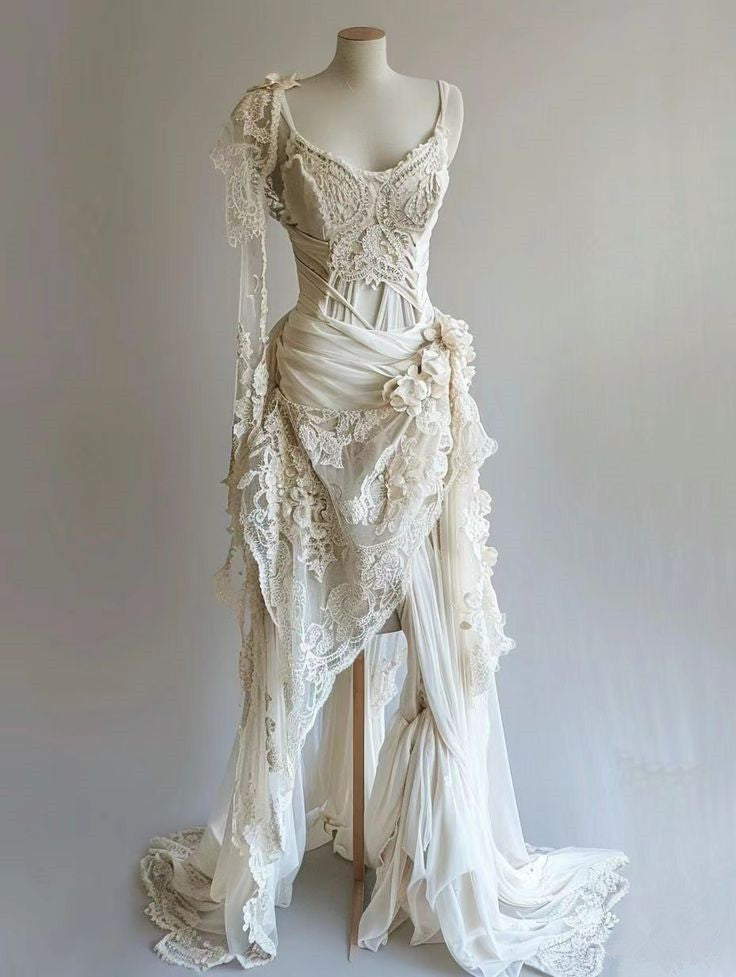 Vintage Unique Long Lace Prom Dress Wedding Dress Bridal Gown