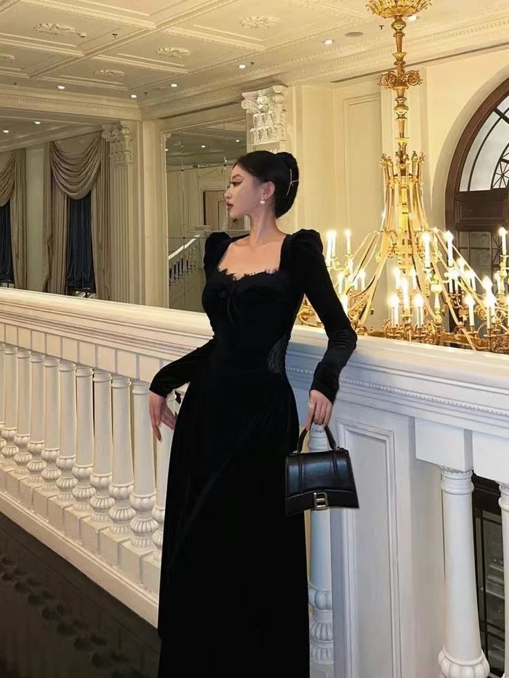 Vintage Balck Long Sleeve Dress Woman Elegant Fashion Velvet Prom Dresses - Fashionpara