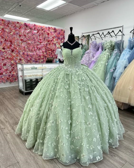 3D Butterfly Quinceanera Dresses Sage Green Ball Gowns with Crystal Corset - Fashionpara