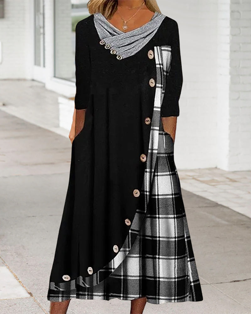 Asymmetric Plaid Panel Cowl Neck Button Front Pocket Midi Dress - View 5