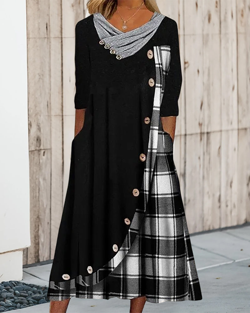 Asymmetric Plaid Panel Cowl Neck Button Front Pocket Midi Dress
