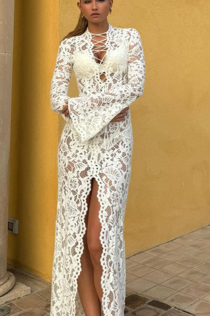 Trendy Lace Tie High Split Lace Dress - View 2