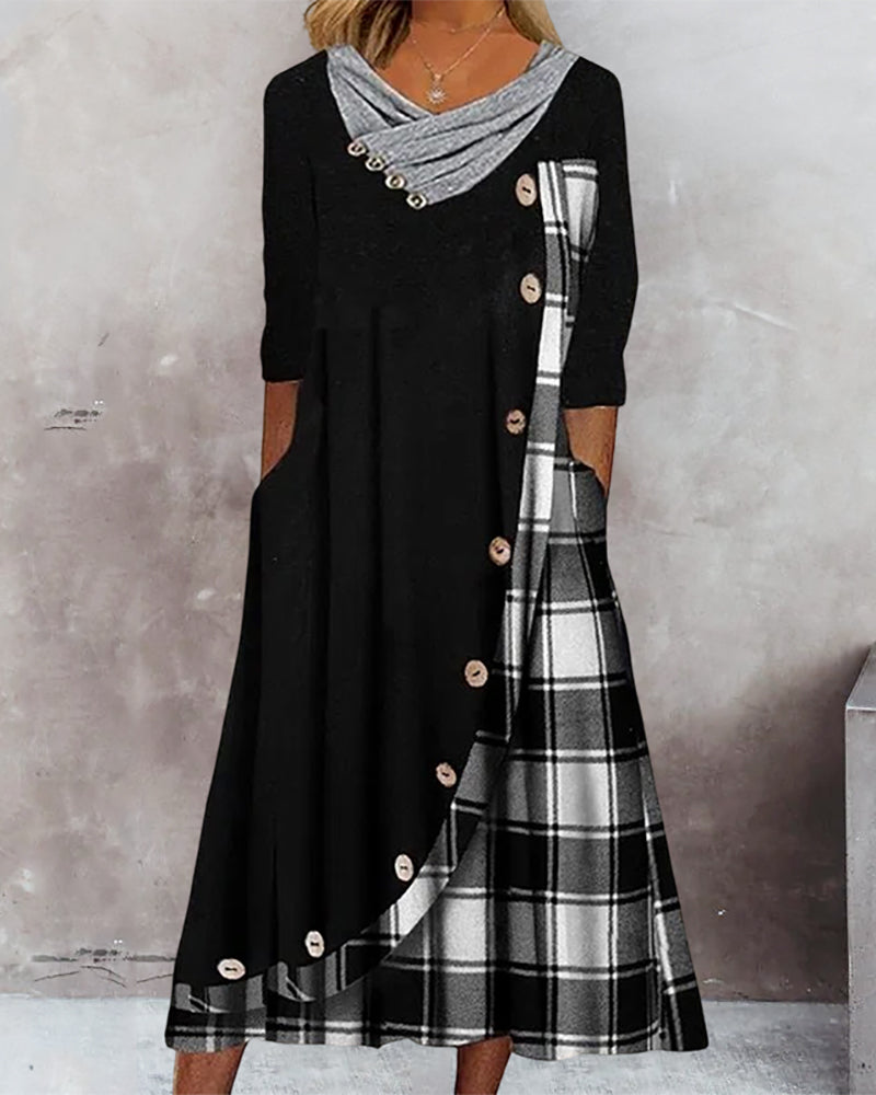 Asymmetric Plaid Panel Cowl Neck Button Front Pocket Midi Dress - View 2