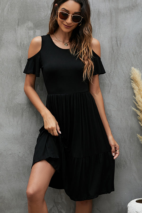 Cold Shoulder Flutter Sleeve Tiered A-Line Midi Dress 2