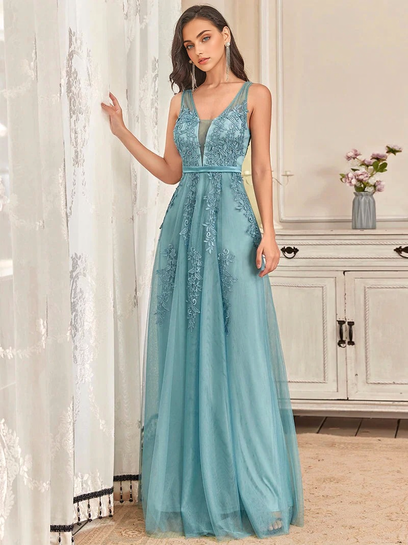 Long Lace Beading V-neck Sleeveless Backless Prom Dresses 11