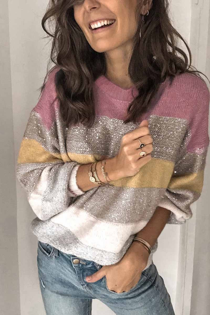 Florcoo Multicolor Loose Round Neck Knit Sweater Top