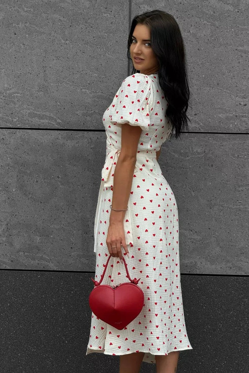 Heart Print V-Neck Puff Sleeve Wrap Maxi Dress 8