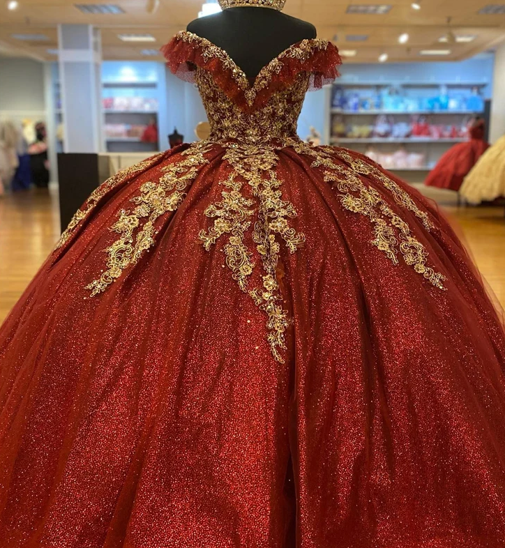 Dark Red Sequins Quinceanera Dresses 2024, Lace Up Ball Gown Prom Gowns - Fashionpara