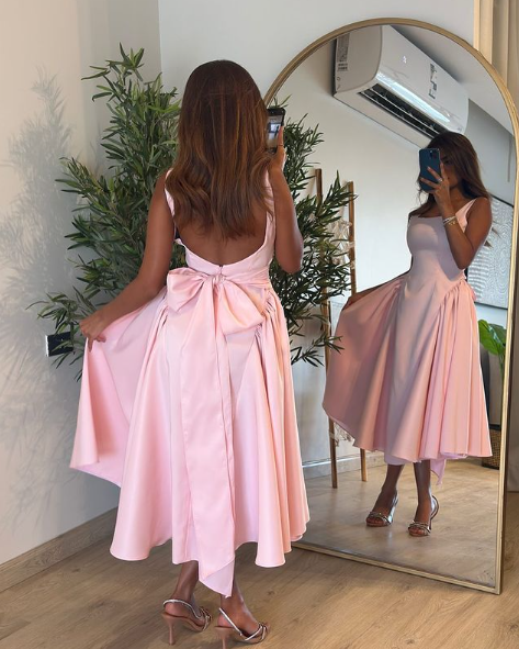 Pink Mid Length Prom Dress Pink Evening Gown - Fashionpara