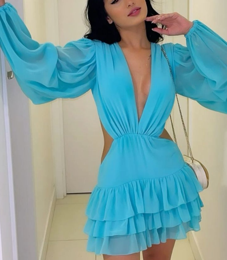 Fashion Long Sleeves Chiffon Dress Deep V Neck Short Prom Party Gown - Fashionpara