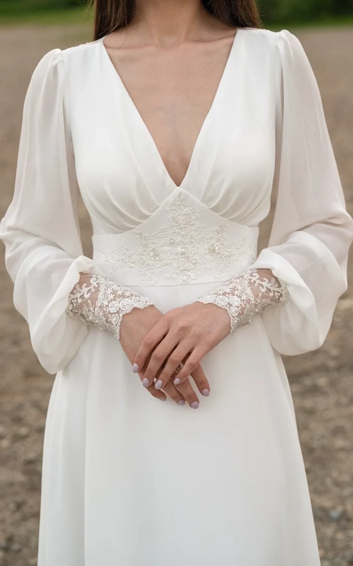 Ivory lace wedding dress, long-sleeve button back long train gown lace & chiffon Wedding Dresses