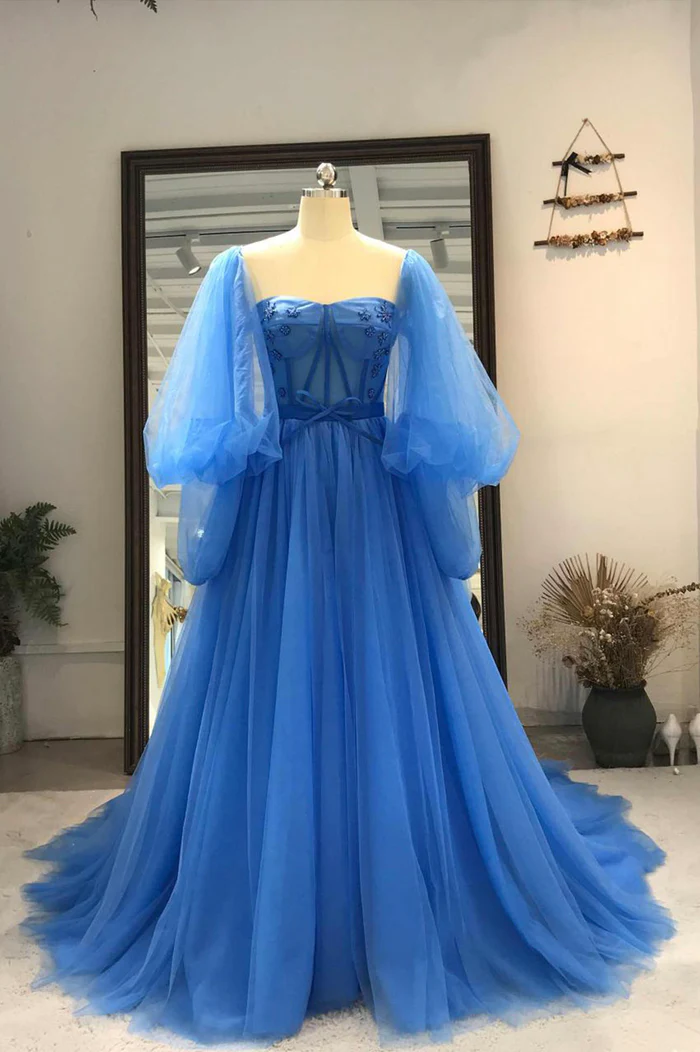 Tulle Long Sleeve Prom Dress, A-Line Tulle Formal Evening Dress - Fashionpara