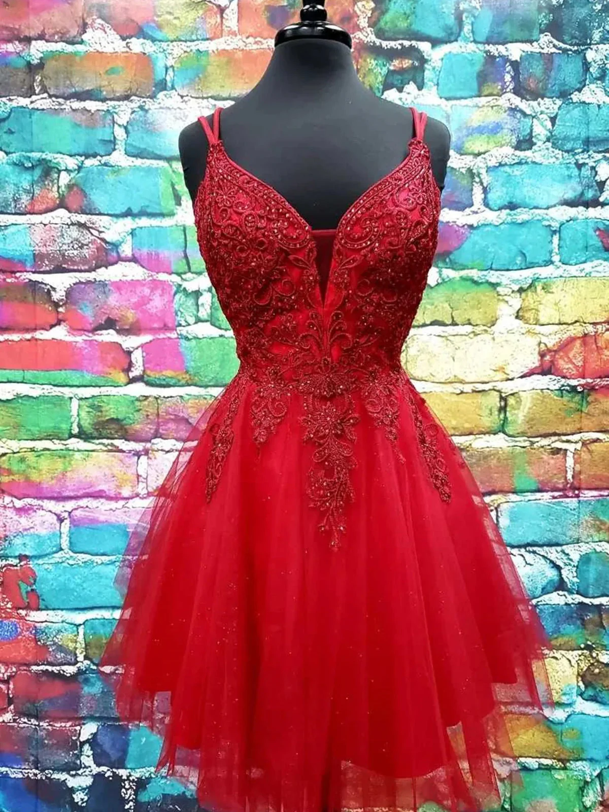 A Line V Neck Short Lace Prom Dresses, Short Formal Homecoming Dresses - Fashionpara