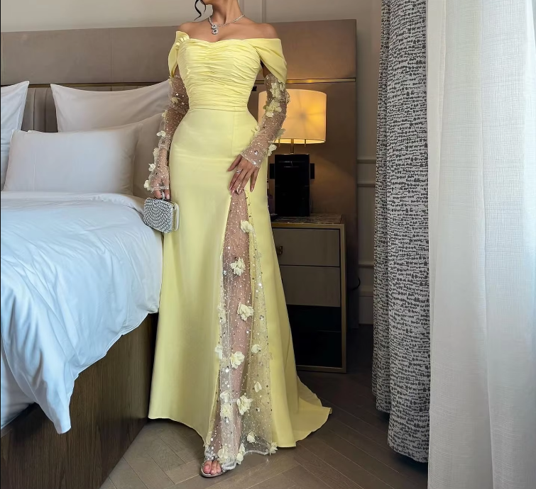 Elegant Prom Dresses Long Yellow Evening Dress Off Shoulder Formal Wedding Party Dress