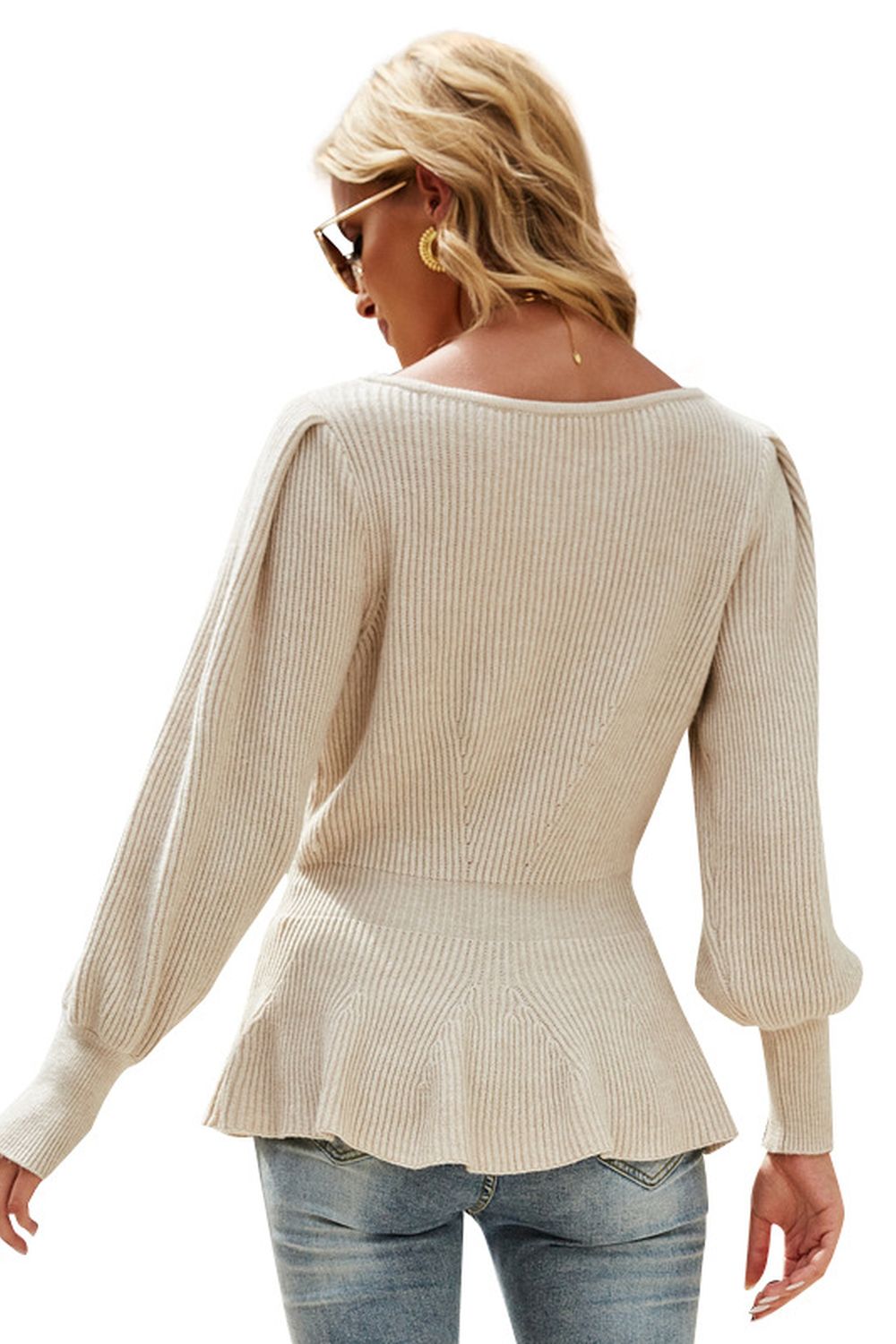RadyRin Lantern Sleeve Knitted Crop Sweater for Chic Style