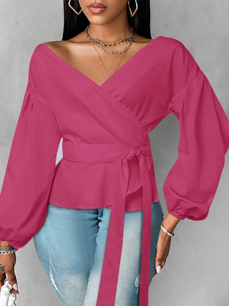 Lantern Sleeve Ruffled Belted Solid Color Blouse