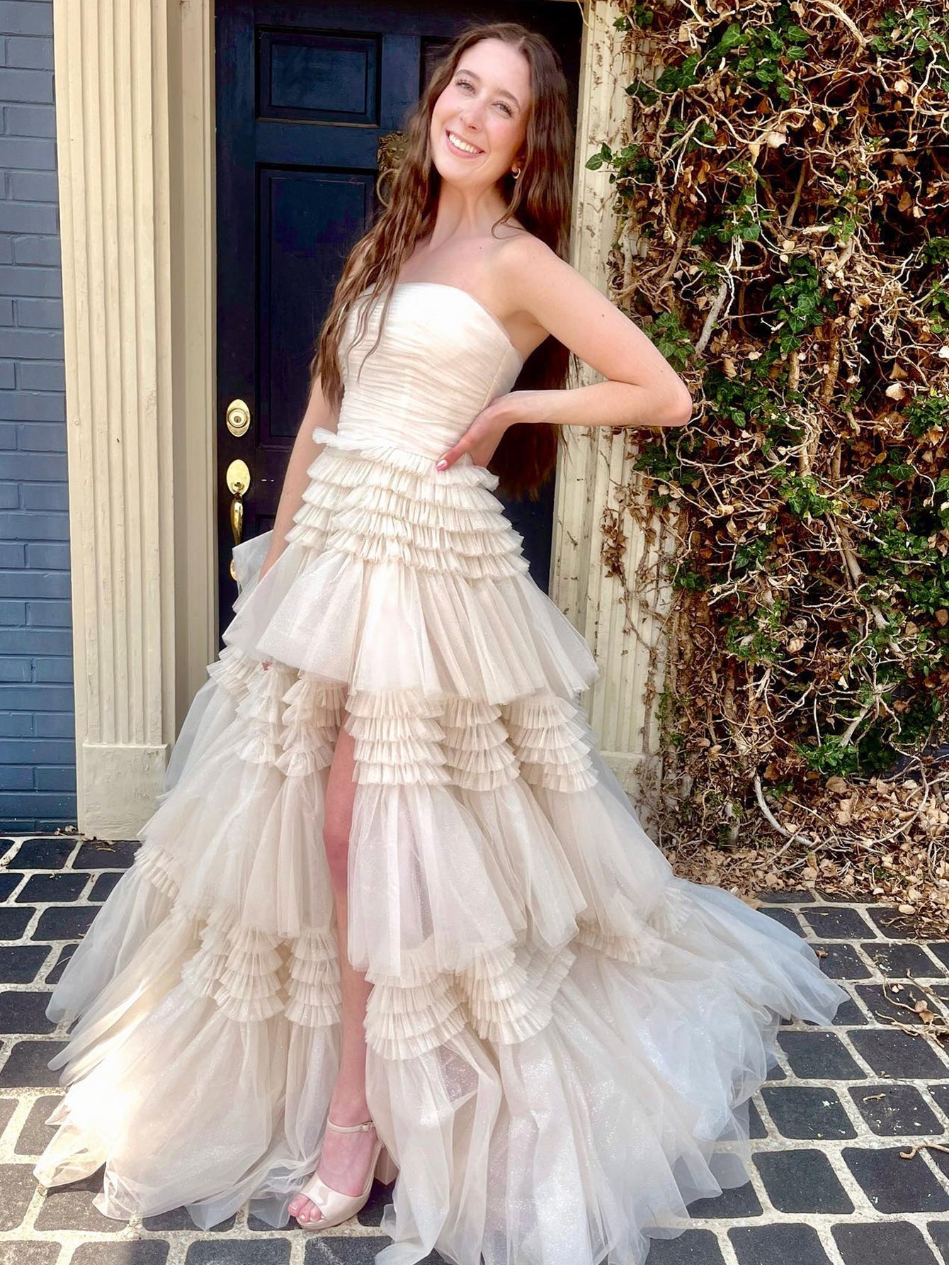 Beige A-Line Strapless Off The Shoulder Tiered Long Prom Dress - Fashionpara