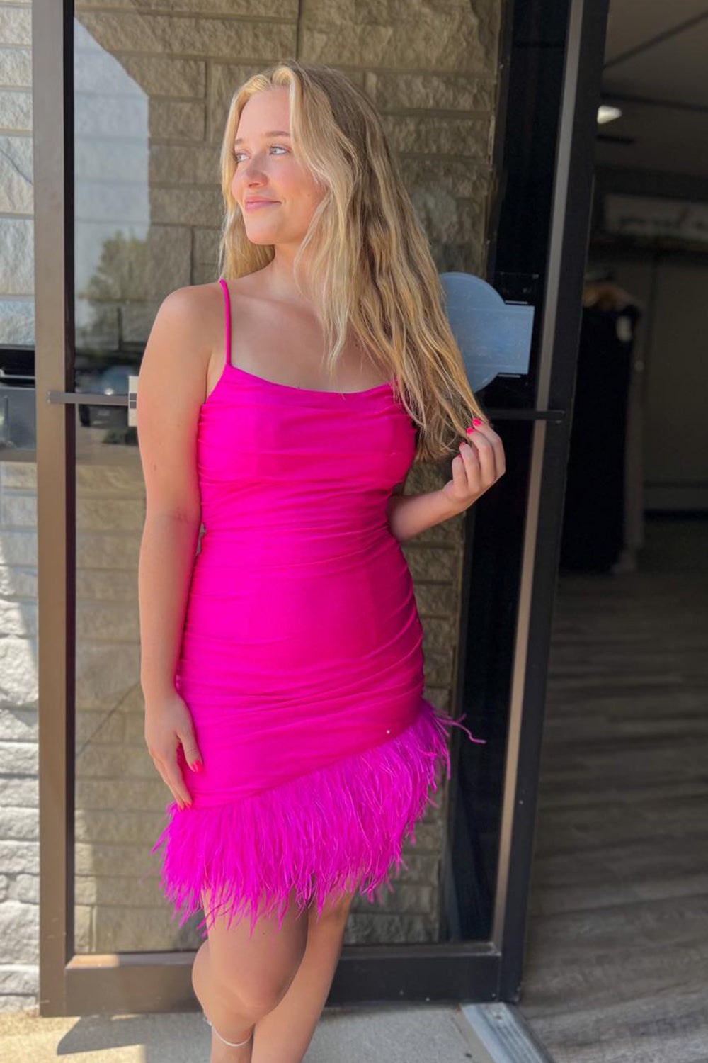 Anastasia Sheath Blue Homecoming Dress with Feather Details - Fashionpara