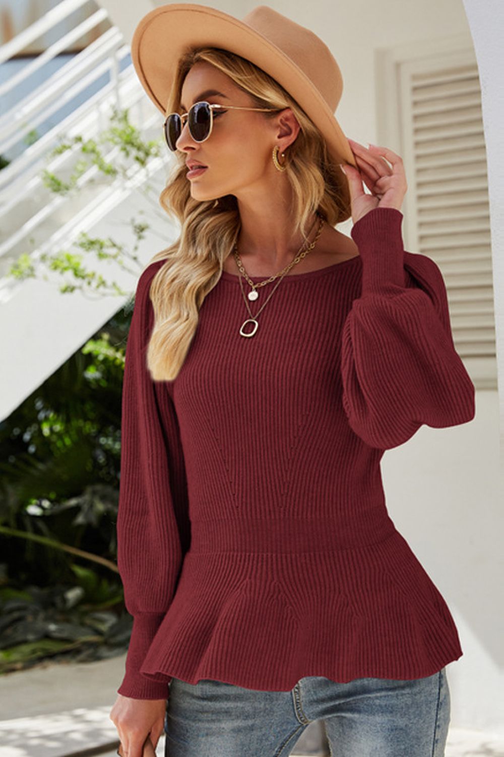 RadyRin Lantern Sleeve Knitted Crop Sweater for Chic Style