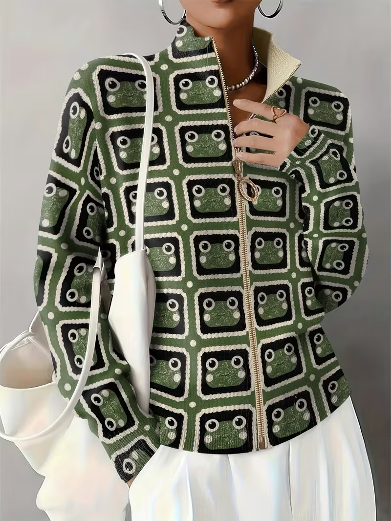 Frog Print Stand Collar Zip Front Knit Cardigan
