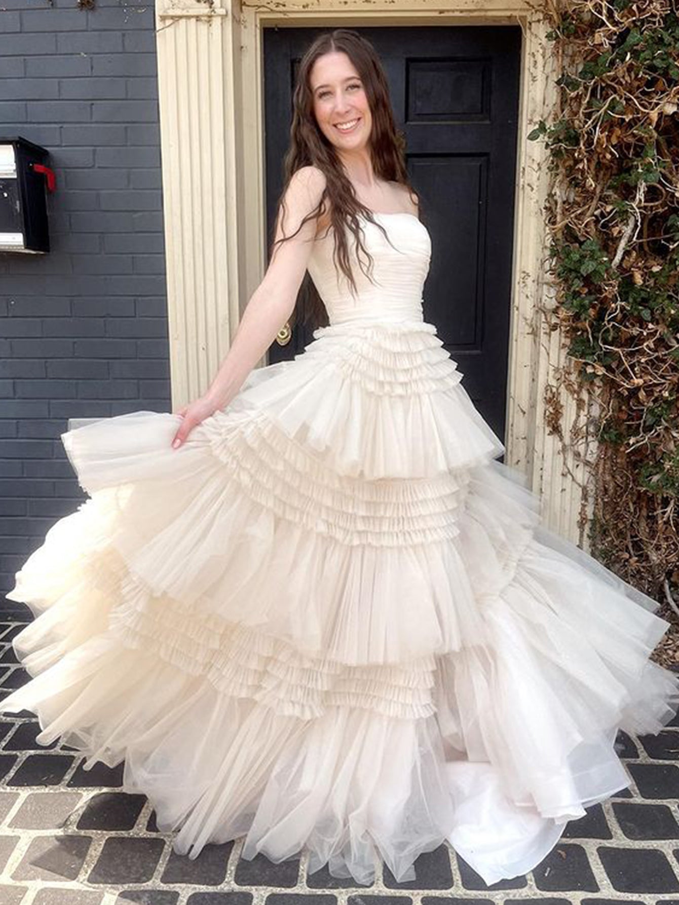 Beige A-Line Strapless Off The Shoulder Tiered Long Prom Dress - Fashionpara