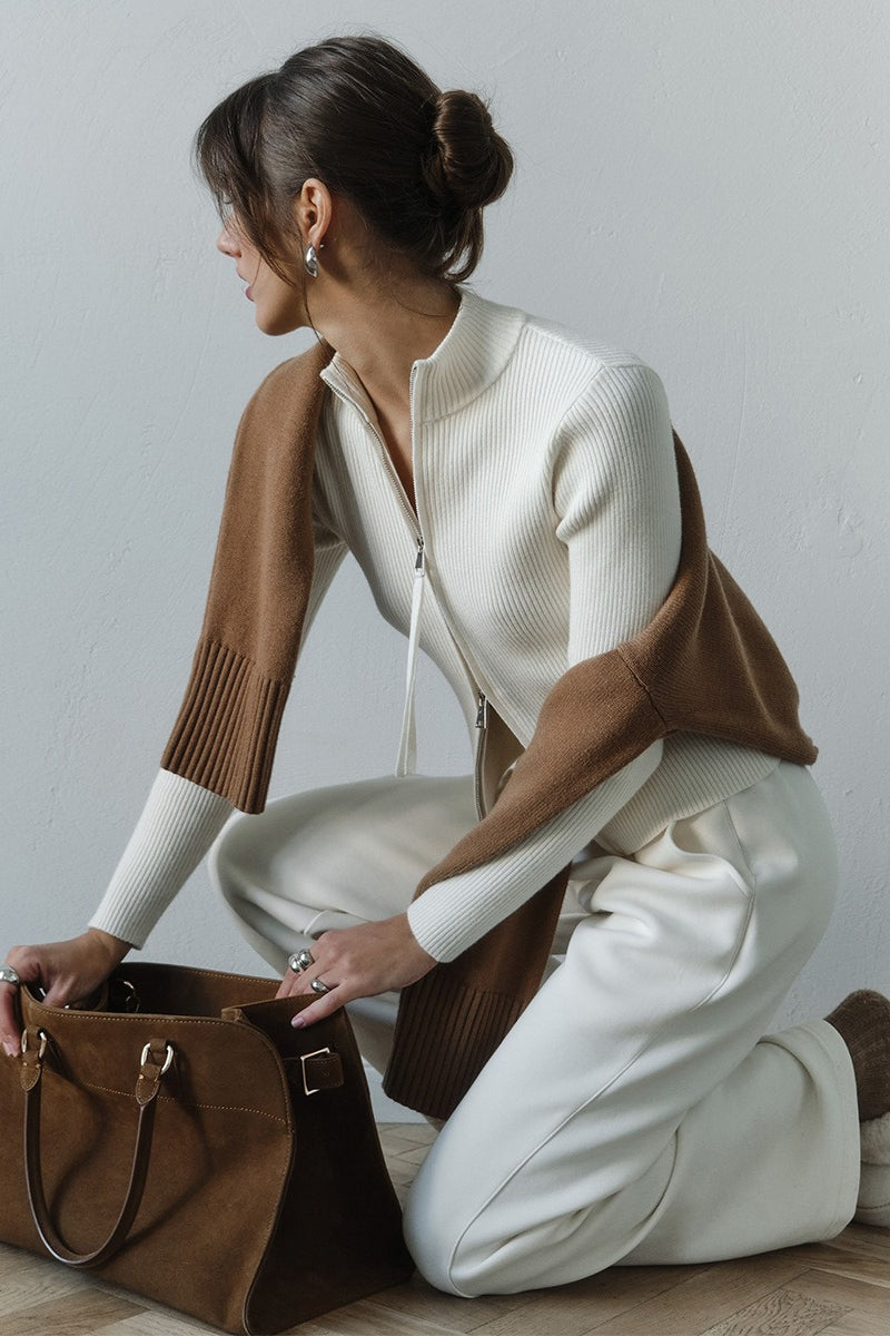 Knit Double Zipper Stand Collar Blouse